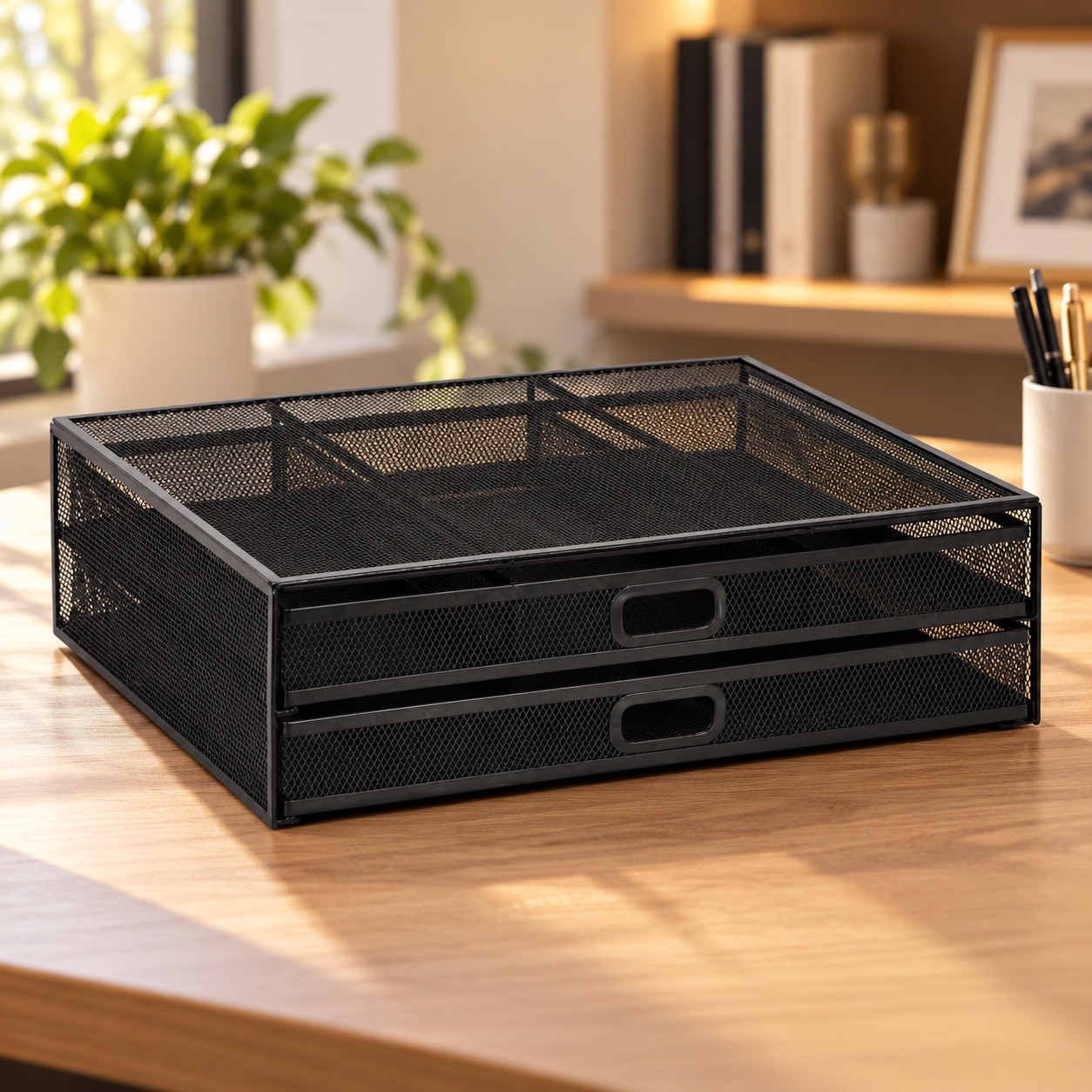 Metal Mesh Monitor Stand Riser with 2 Pull-Out Drawers – Desk Organizer