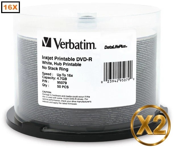100-Pak Verbatim 16X WHITE INKJET HUB DataLifePlus 4.7GB DVD-R, Verbatim 95079