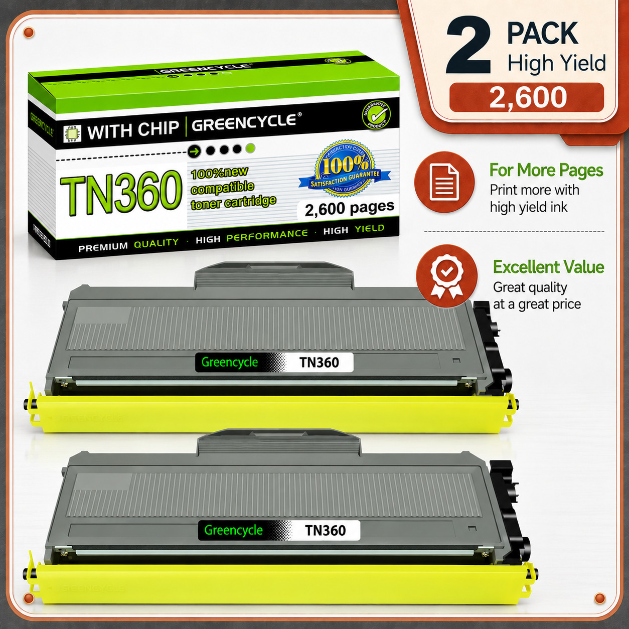 2 Pack Premium TN360 Toner Cartridges For Brother DCP-7045N MFC-7345DN Printer