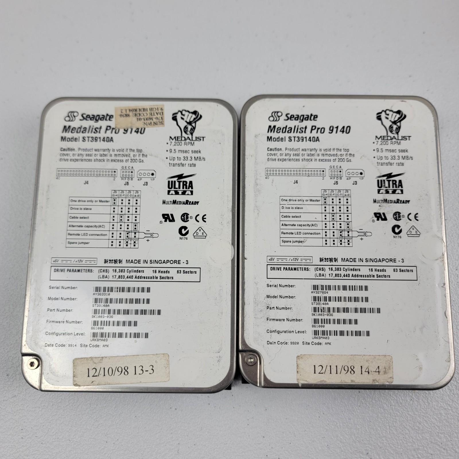 Lot of 2 Seagate Medalist Pro 9 1.4GB IDE 3.5” Internal Hard Drives ST314810A