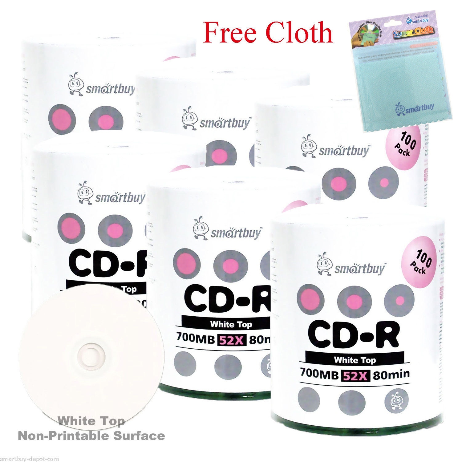 600-Pack SmartBuy CD-R 52X 700MB White Top Record Disc + FREE Micro Fiber Cloth