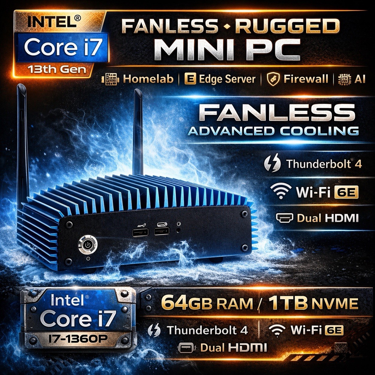 Simply NUC Rugged NUC 13 Pro (NUC13ANHi7) Intel Core i7-1360P/64GB Ram/1TB SSD