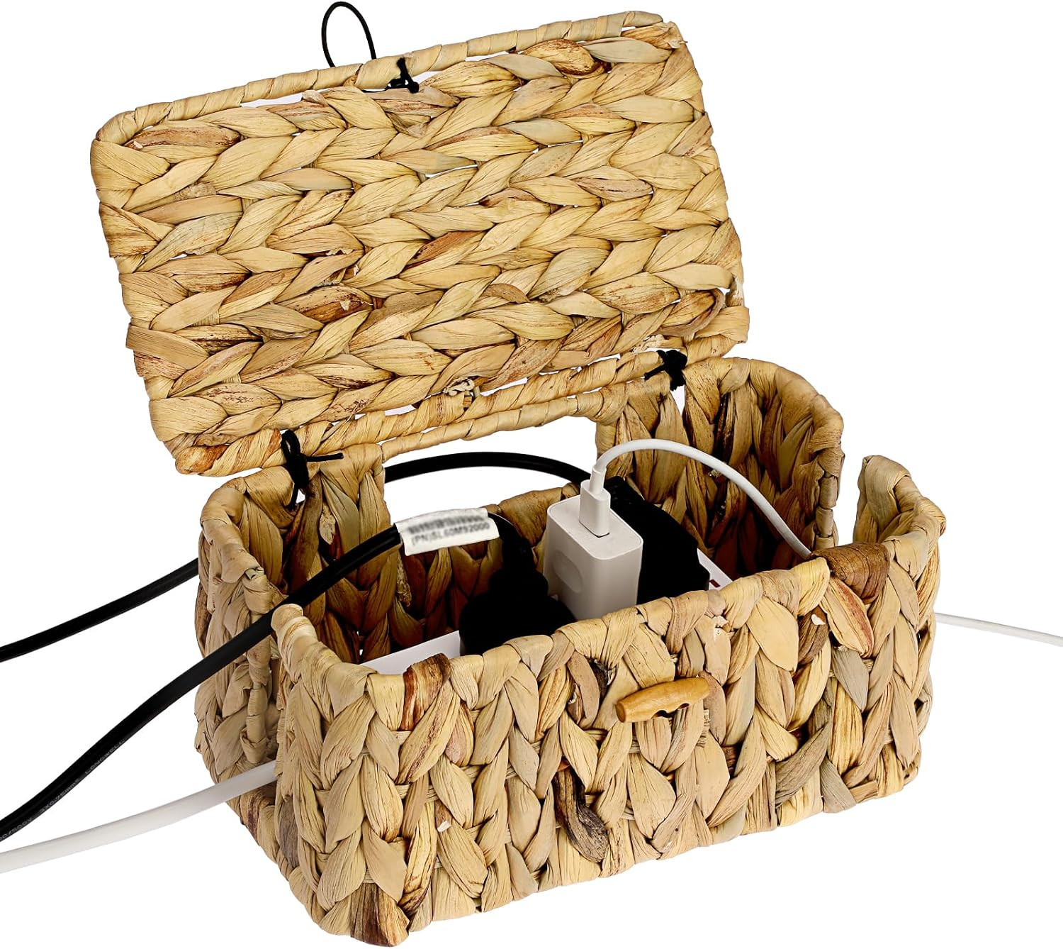 Woven Cable Management Box with Lid Water Hyacinth Cord Organizer, S