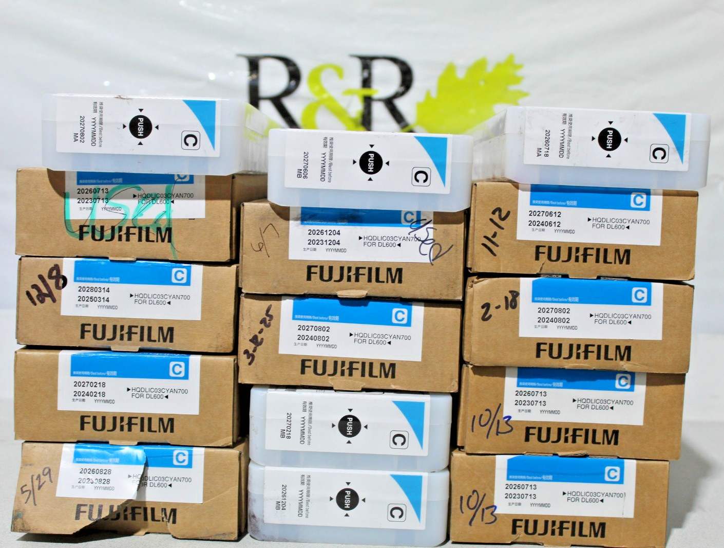 Set of 15 Cyan Fuji Film 700ml Used Expired and unexpired Ink Boxed and unboxed