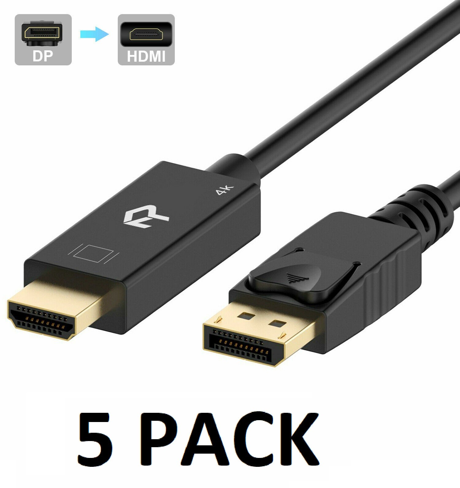 Rankie DisplayPort DP to HDMI Cable, 4K, 6 Feet, Black 24k plated 5 PACK