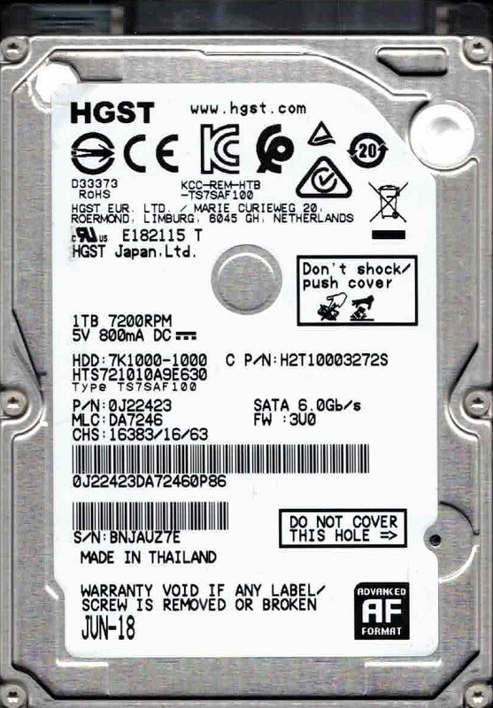 HGST HTS721010A9E630 P/N: 0J22423 MLC: DA7246 Thailand 1TB