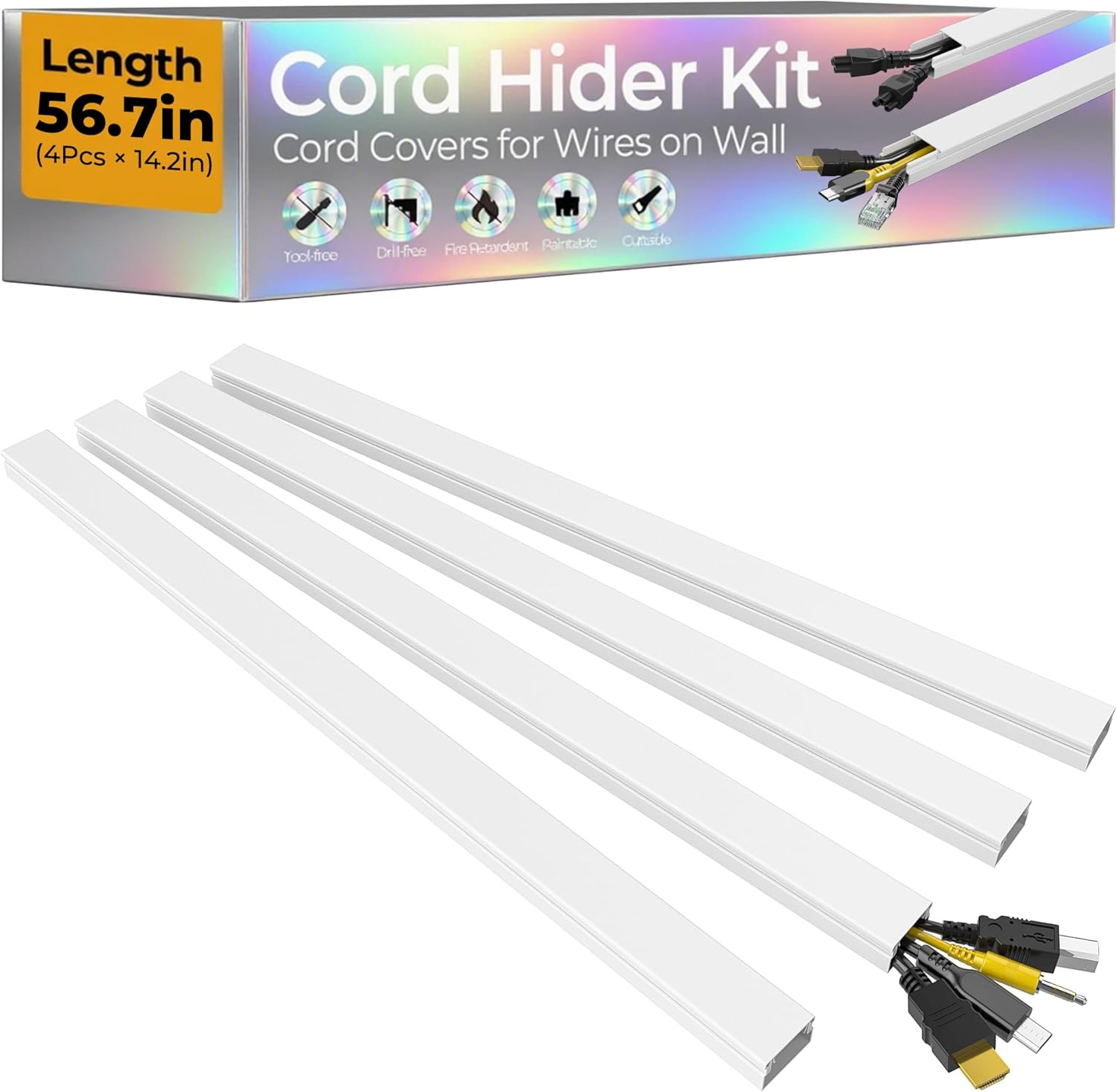 56.7in TV Cord Hider Wall, Cord Covers for 2-4 Wires on Wall, Self-Adhesive TV C