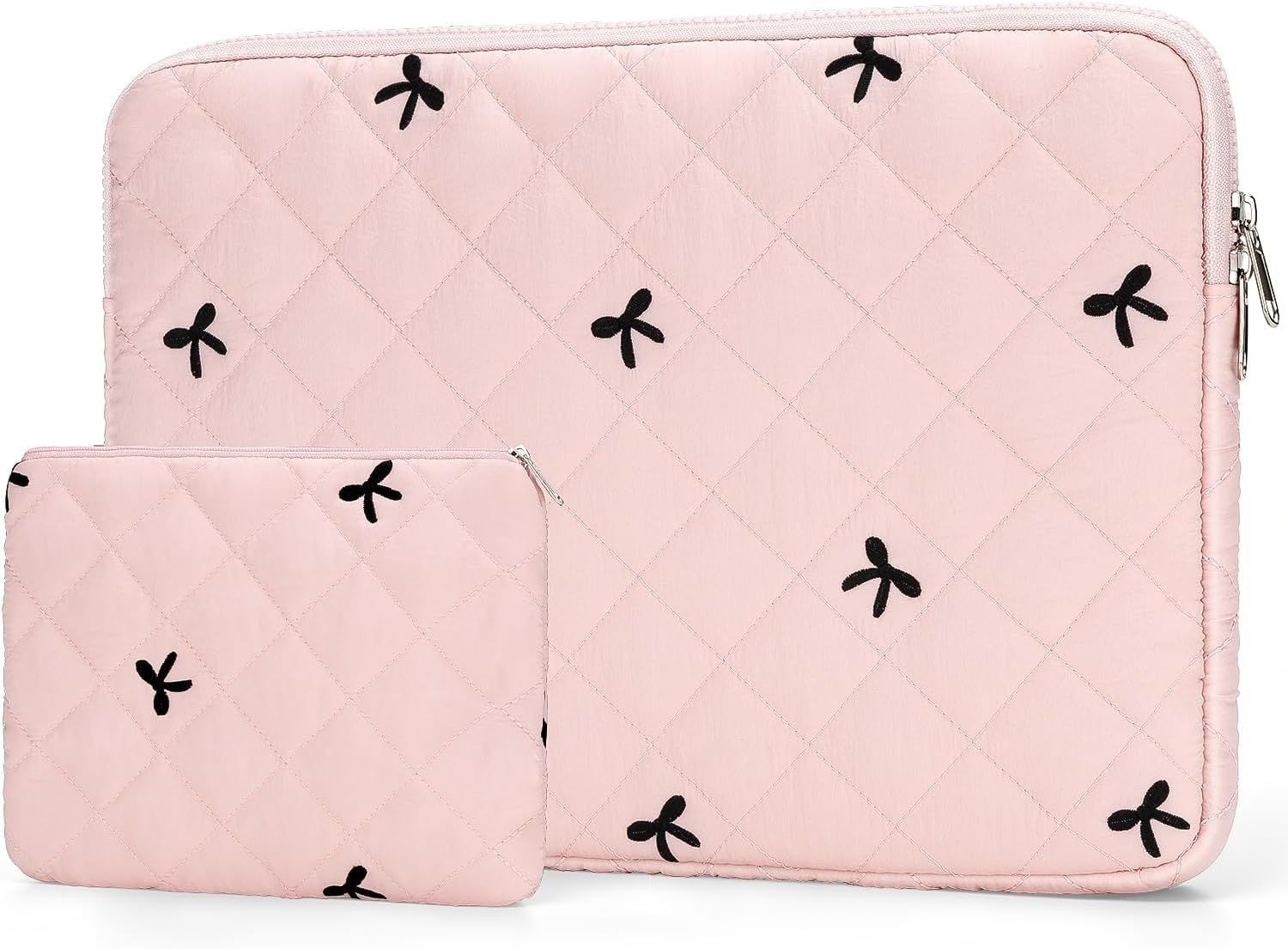 Quilted Laptop Sleeve 13-14 Inch, Bow Embroidery with Pouch, Pink