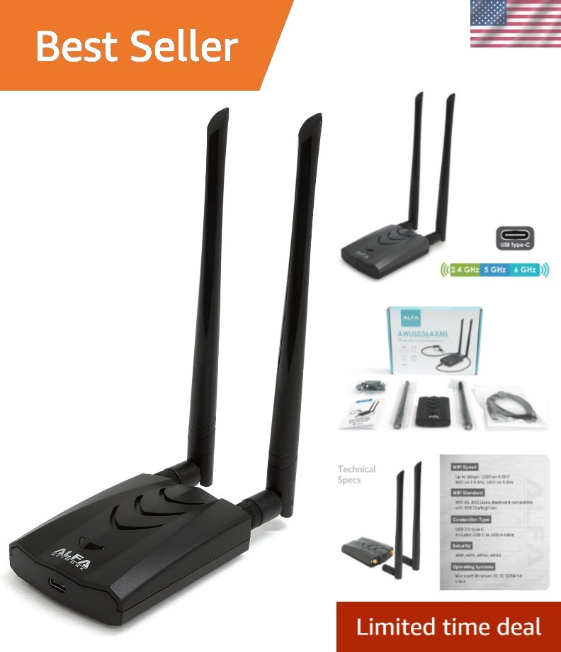 ALFA NETWORK AWUS036AXML 802.11axe WiFi 6E USB 3.0 Adapter AXE3000, Tri Band ...