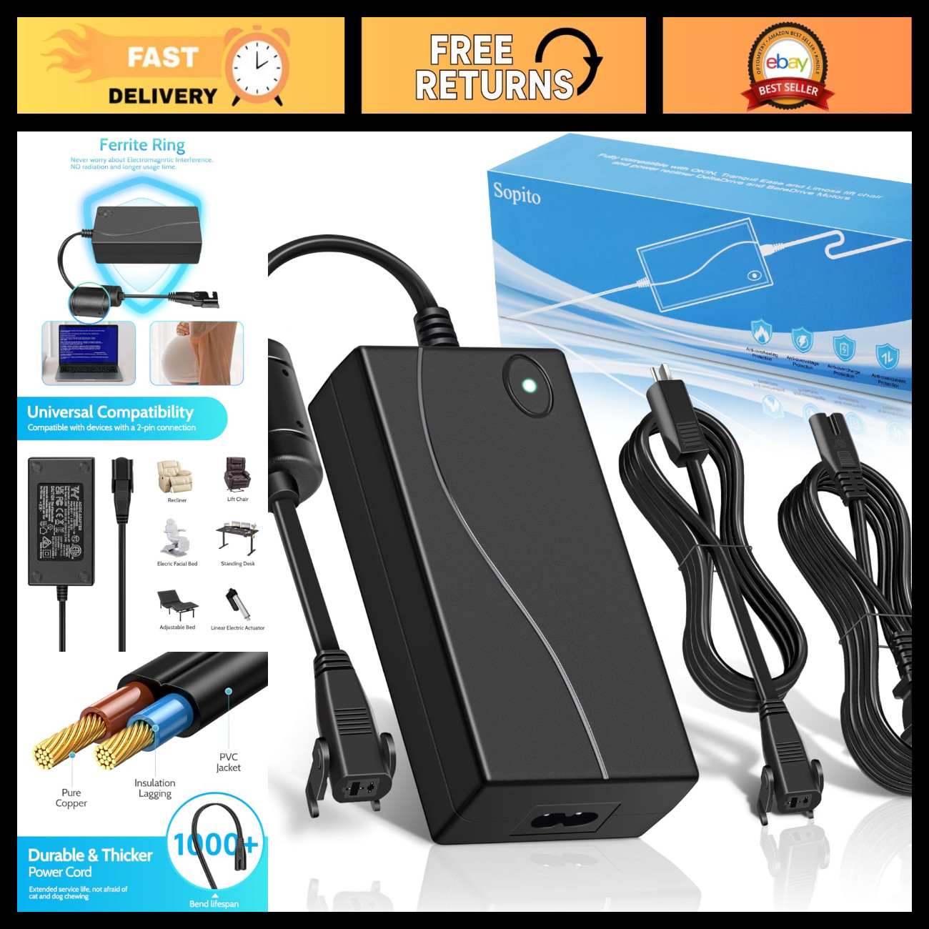 Power Recliner Power Supply Adapter Kit 100-240V, 6.6ft Cord, 29V 2A Transformer