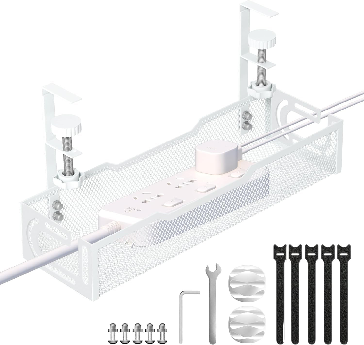 Under Desk Cable Management Tray No Drill Mesh Wire Organizer Cable Rack White