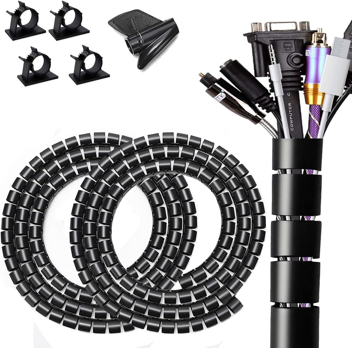 Large PC Cable Management Tube Sleeve under Desk Wire Organizer for Cords 2 PCS