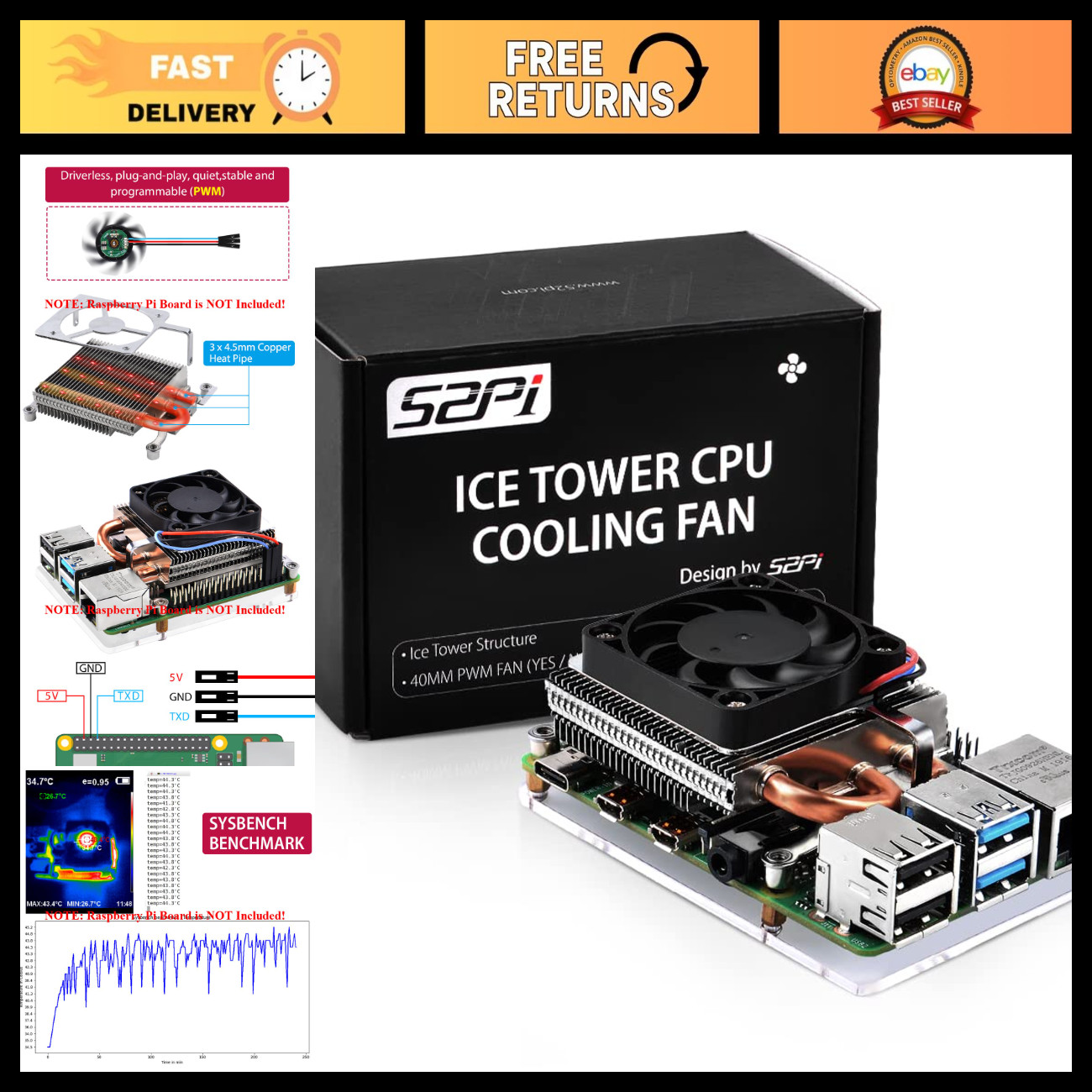 Ultra Thin ICE Tower Cooler for Raspberry Pi 4, PWM Cooling Fan & Heatsink