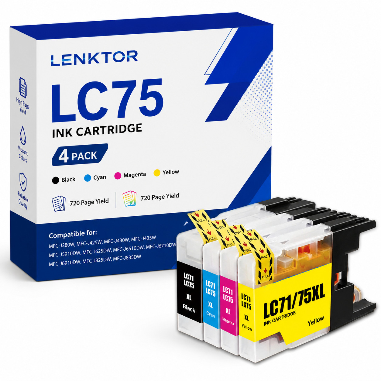 LC75 4PK With Chip BK/C/M/Y Ink for MFC-J280W J425W J430W J435W J5910DW J6510DW 