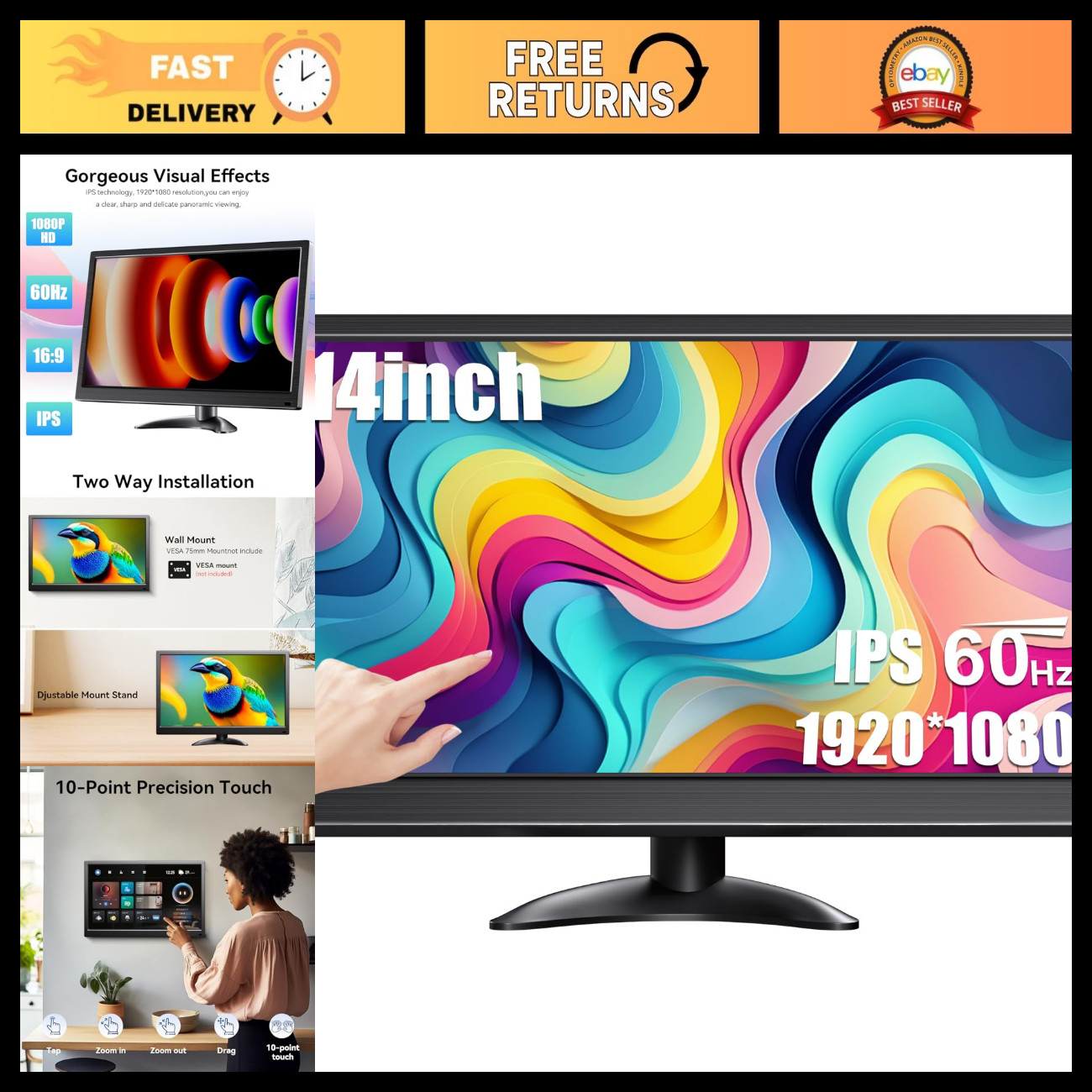 14" FHD 1080P Touch Screen Monitor, 99% sRGB, IPS, HDMI & USB-C Connectivity