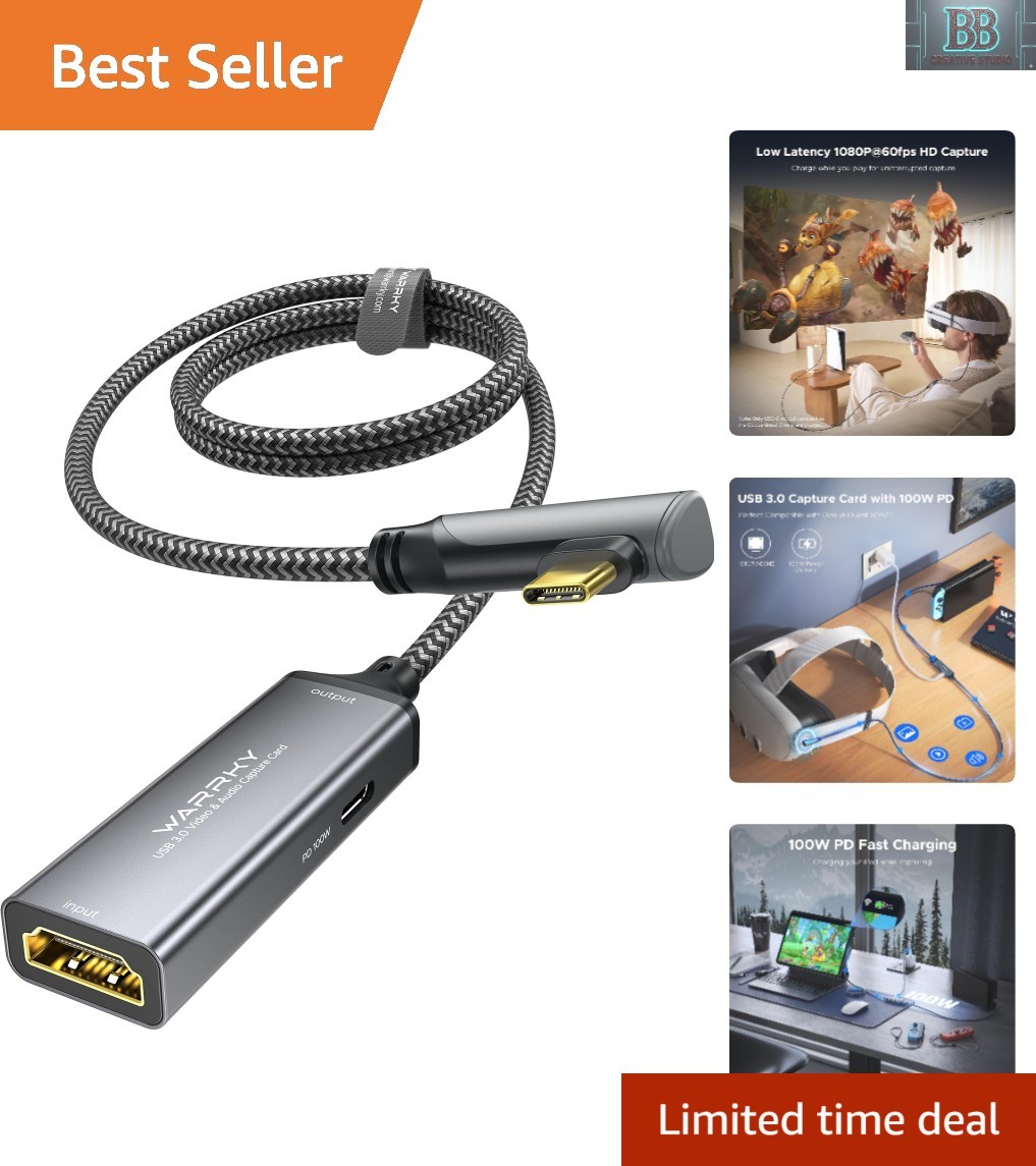 WARRKY Video Capture Card with 100W Power Delivery & Right-Angle USB-C | 1080P 6