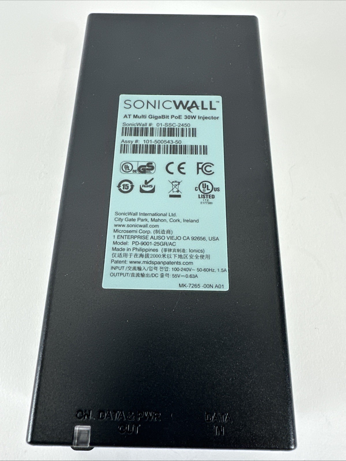 SonicWall 01-SSC-2450 Multi Gigabit PoE+ 30W Injector Sonic Wall 30 watt