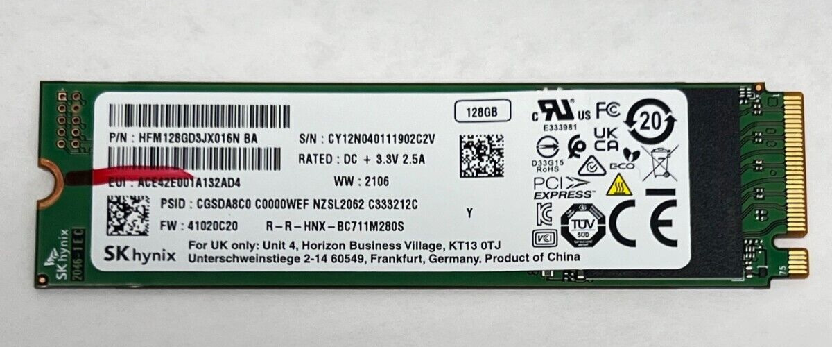 SK Hynix 128GB SSD Solid State Drive M.2 NVMe PCIe HFM128GD3JX016N 41020C20