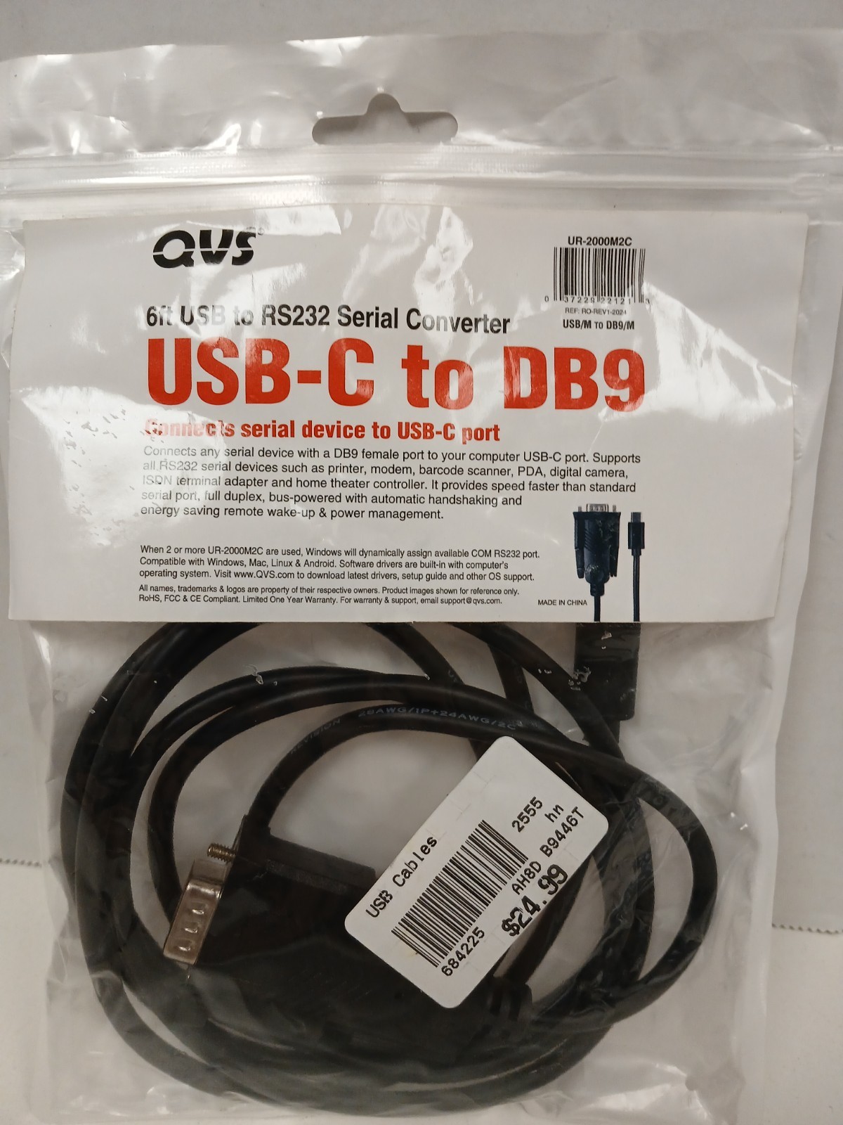 QVS USB-C To RS232 DB8 Serial Converter, 6ft
