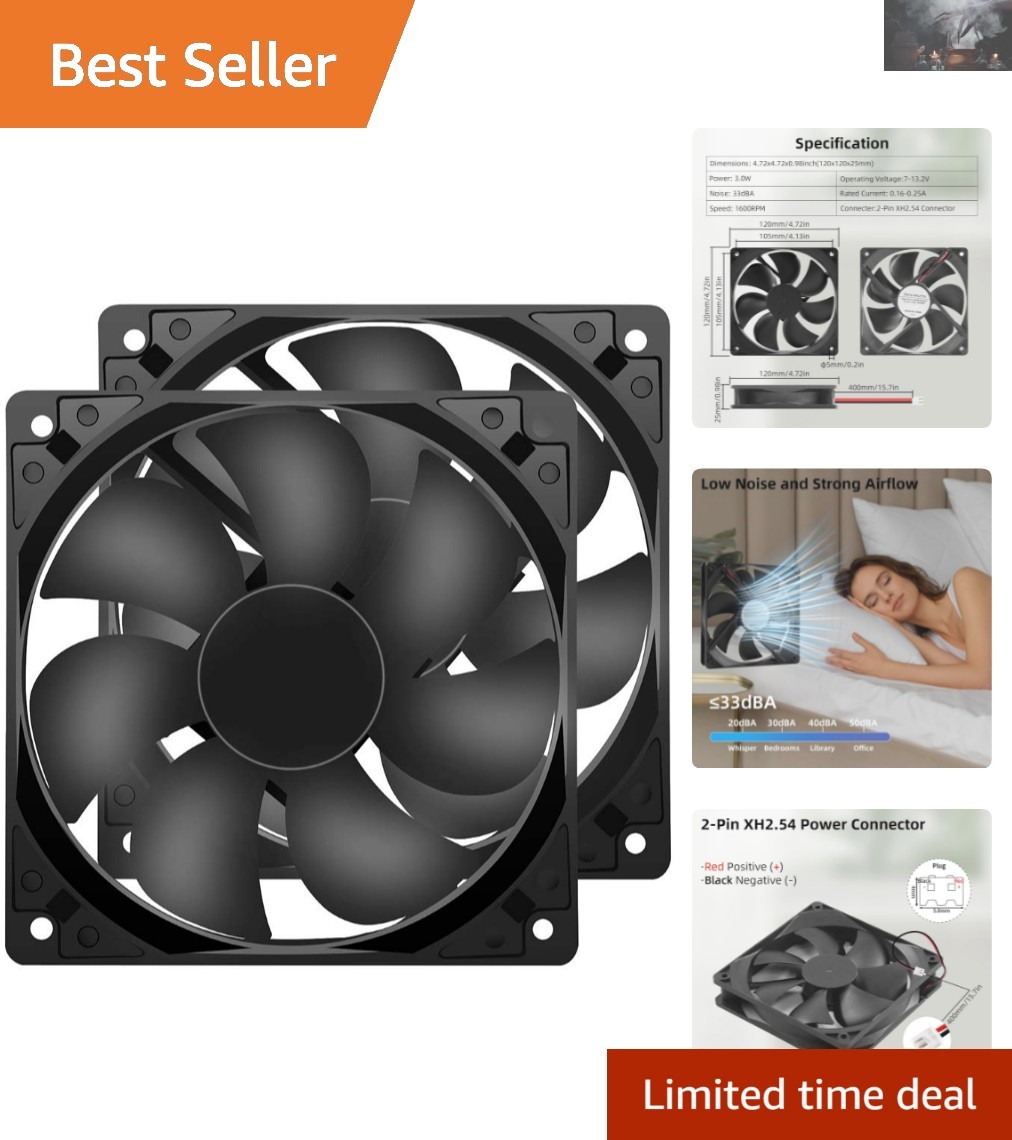 Compact & Powerful 1600RPM 120mm Cooling Fans - Versatile 2-Pack for Electronics