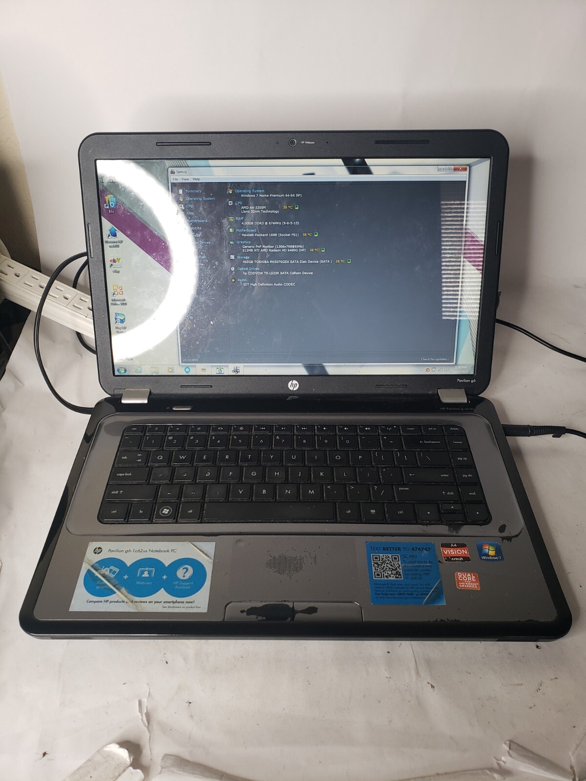 HP Pavilion G6-1C62US 15.6" Laptop AMD A4-3300M@1.90GHz 500GB HDD 4GB RAM READ