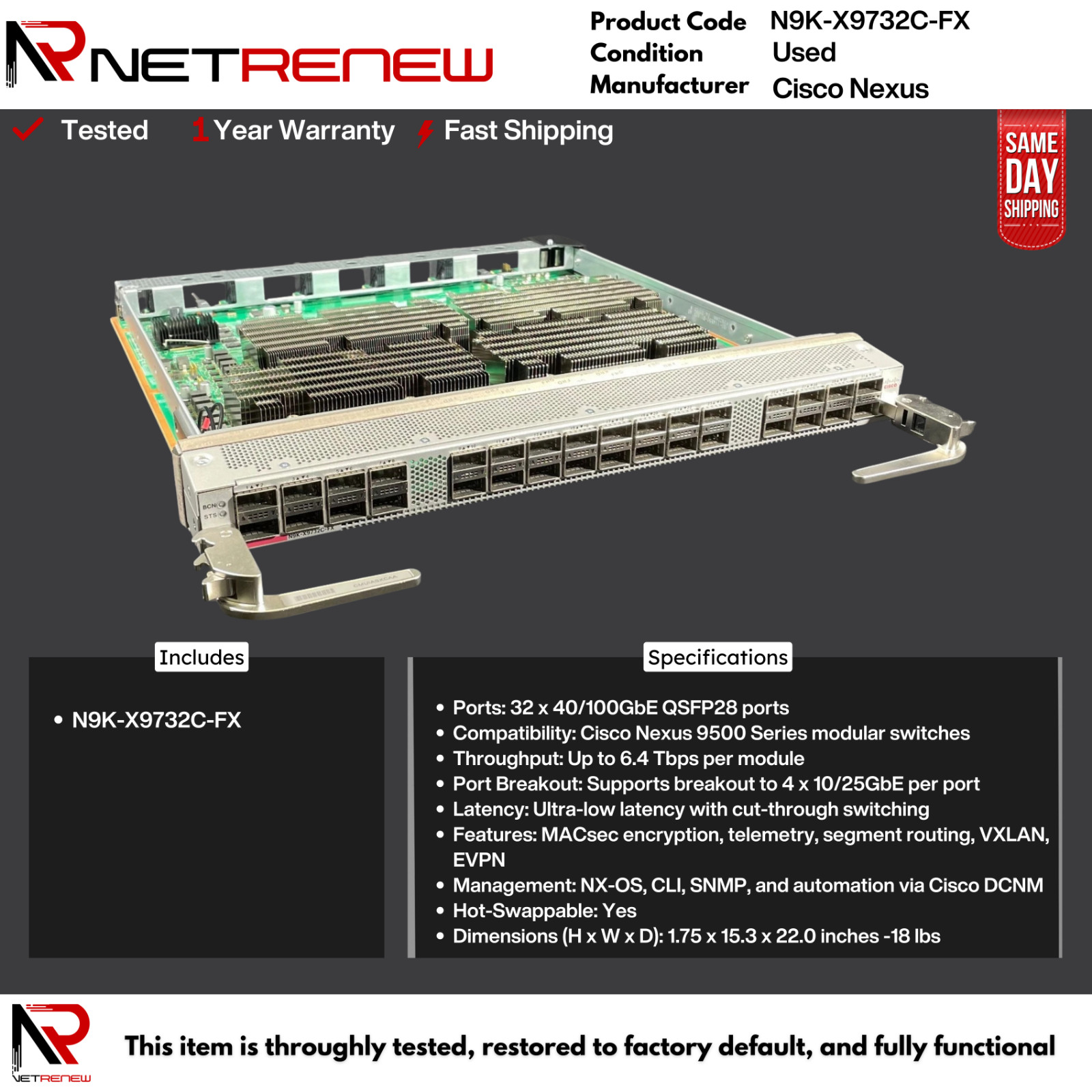 Cisco Nexus  N9K-X9732C-FX  9500 Series 32 Port 100Gbe QSFP28 Line Card