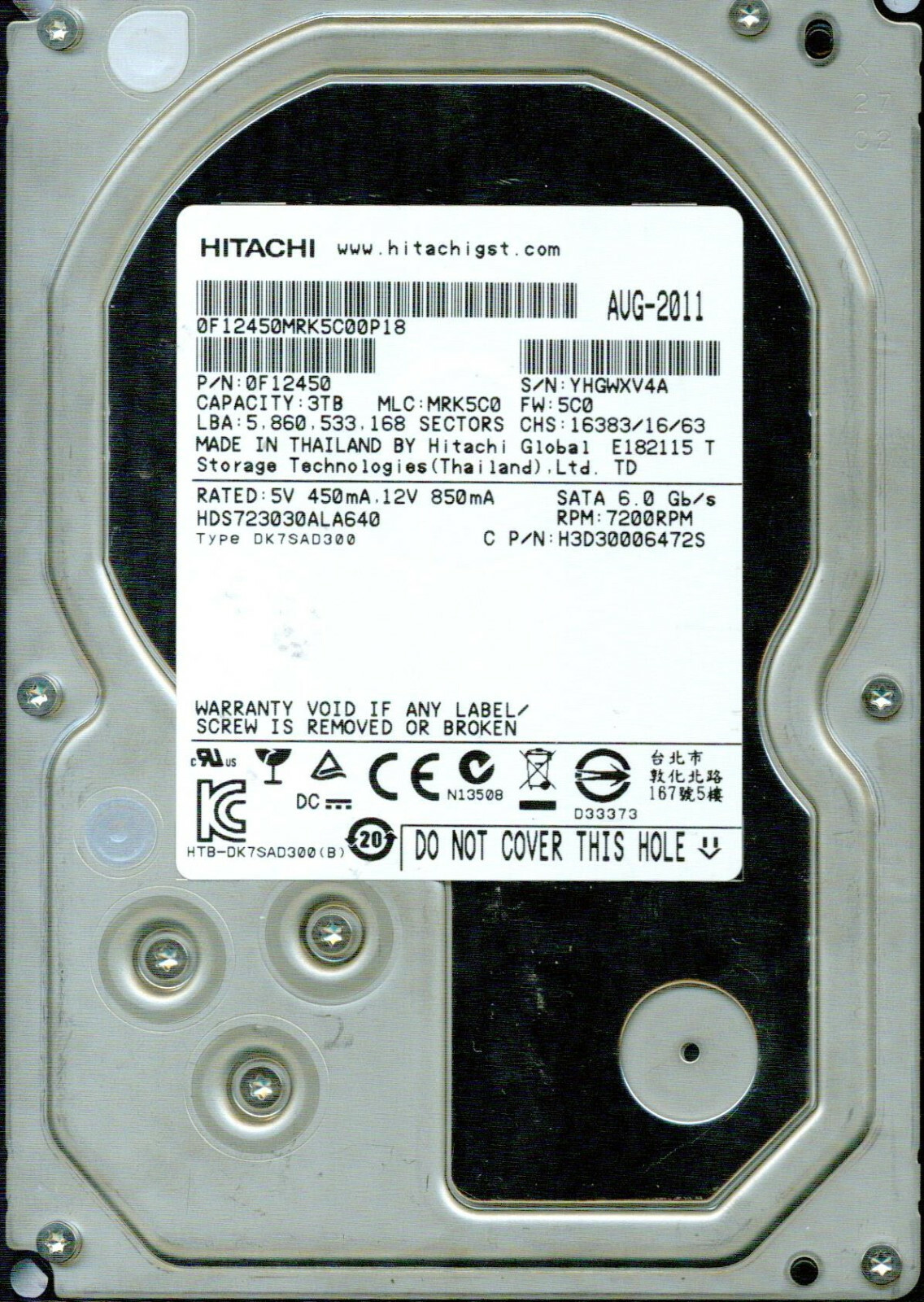 HDS723030ALA640 P/N: 0F12450 MLC: MRK5C0 HITACHI SATA 3TB AUG-2011