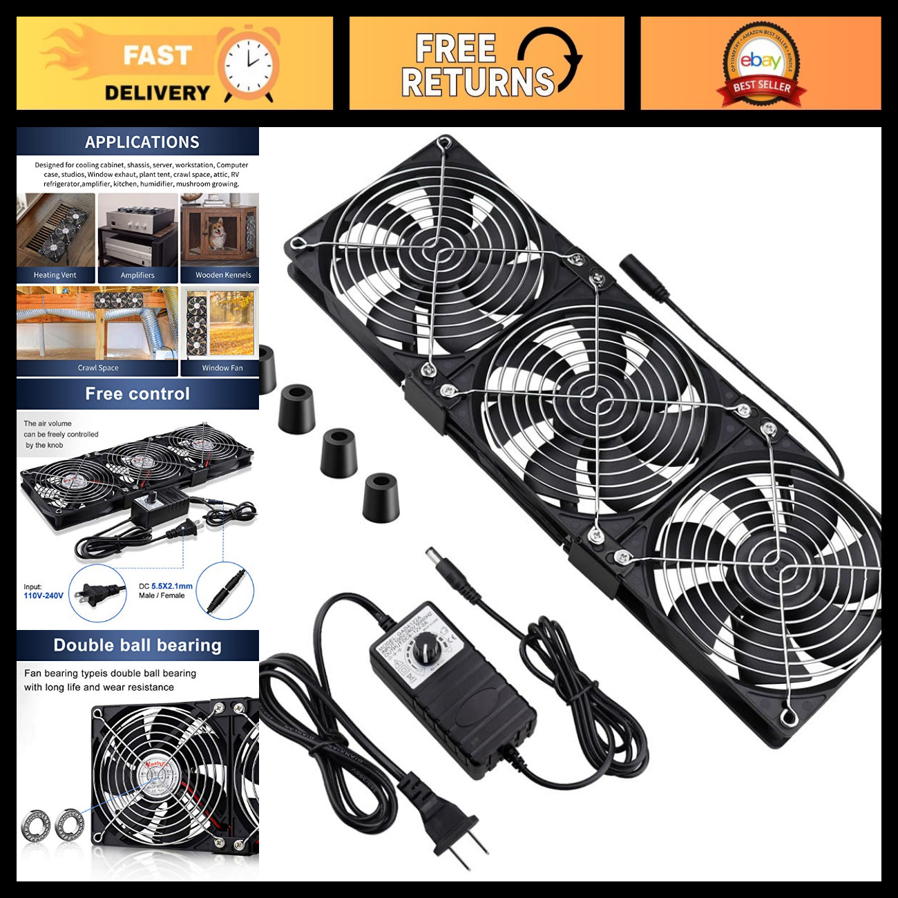 Dual Ball 3 x 120mm Computer Cooling Fan AC Plug DC 12V Server Case Fans