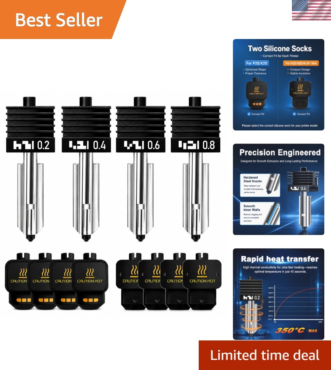 4PCS 0.2/0.4/0.6/0.8mm Hotend for X2D/P2S/H2S/H2D/A1/A1 Mini