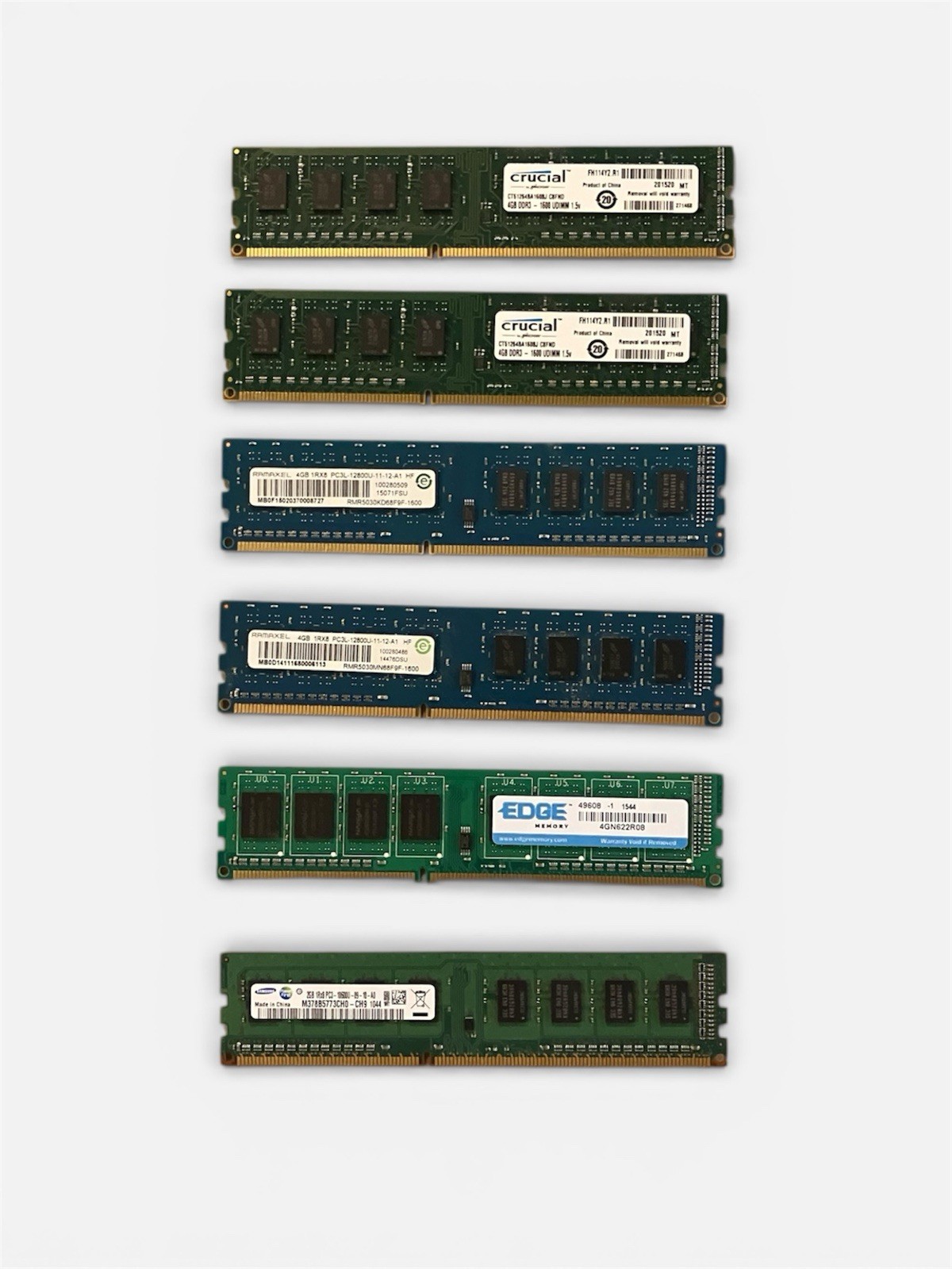 Lot Of 6 DDR3/PC3L RAM Memory 4GBx5 2GBx1 Ramaxel/Micron/Samsung/Edge