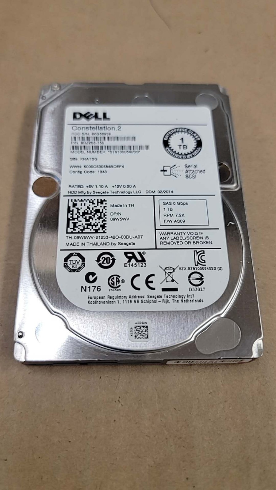 DELL 9W5WV 09W5WV 1TB 2.5" 7.2K 6G SFF SAS Hard Drive Seagate ST91000640SS 