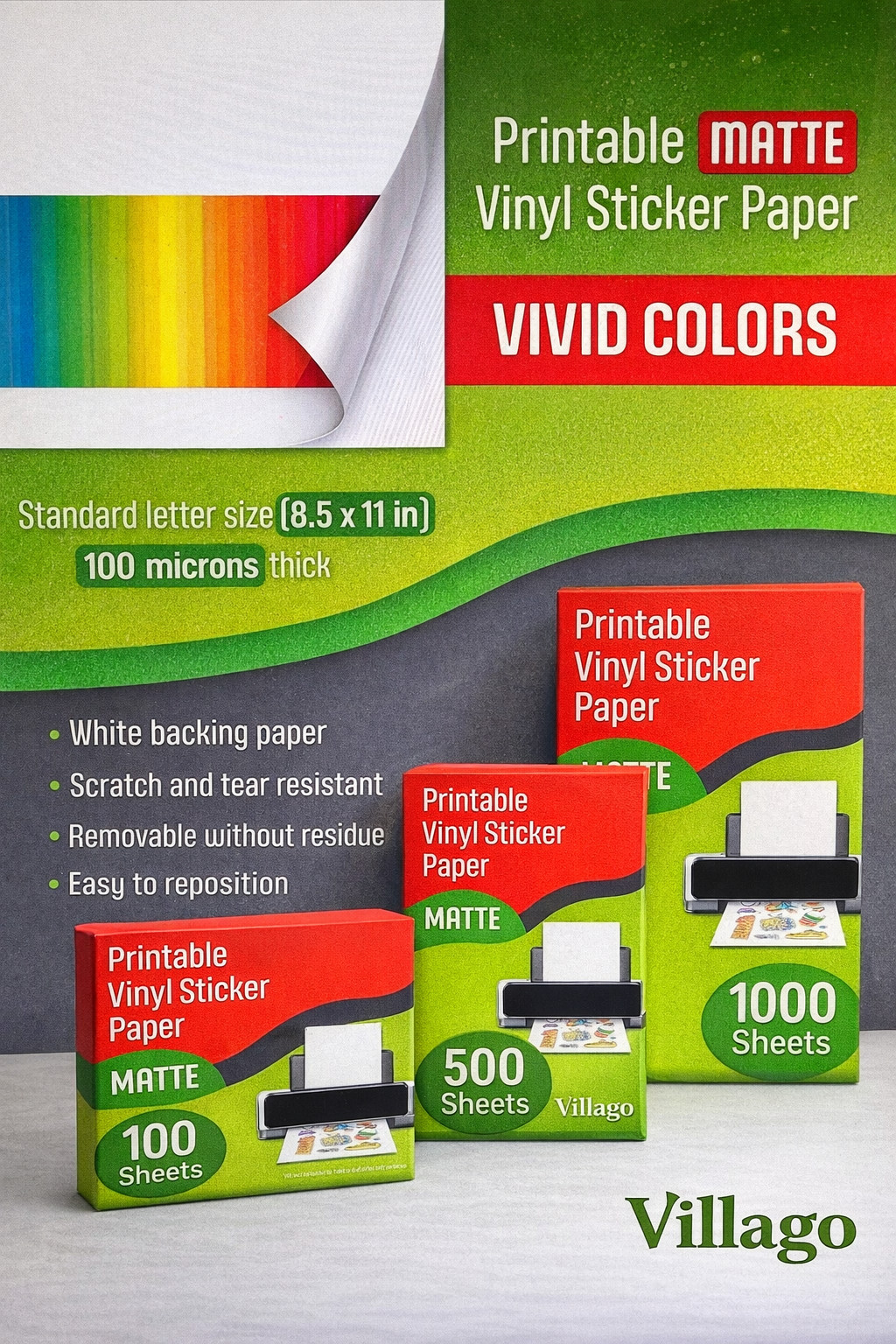500 Sheets Matte Printable Vinyl Sticker Paper 8.5x11 Inkjet Laser Bulk Pack