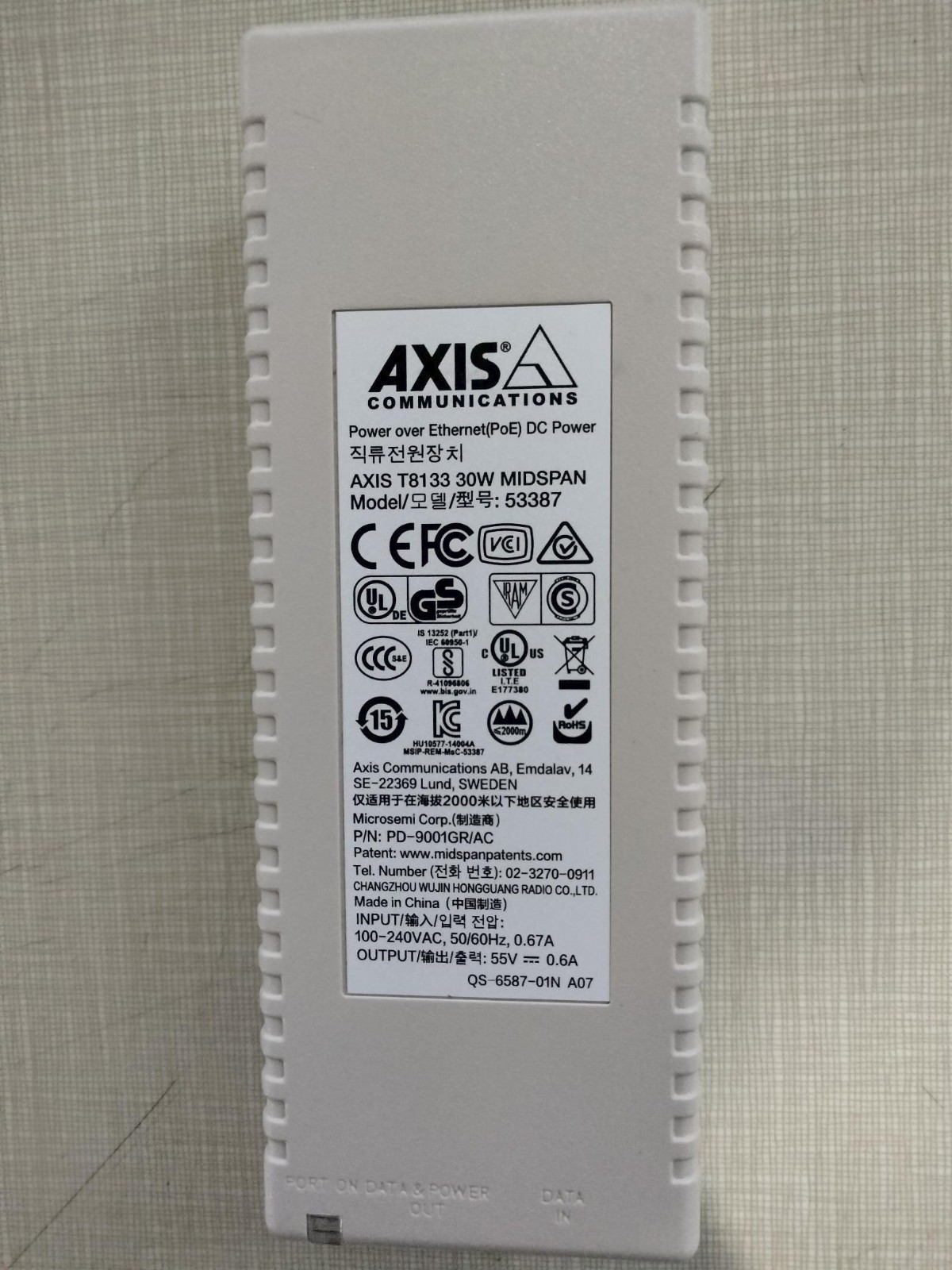 AXIS T8133 PoE 30W Midspan 1-Port Injector Model 53387 55V .6A