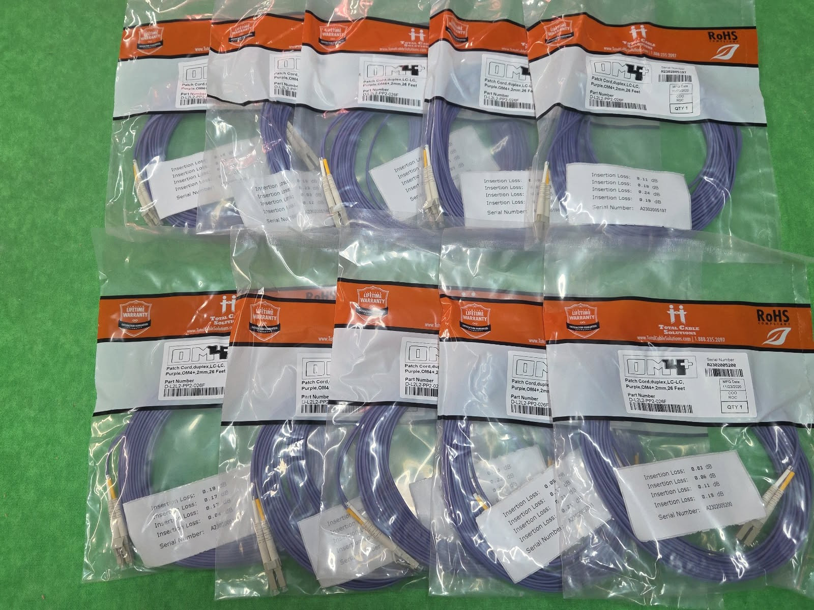 OM4 LC/UPC- LC/UPC Fiber Patch MM Duplex Purple 50/125  26 FT LOT OF 10 PCS NEW