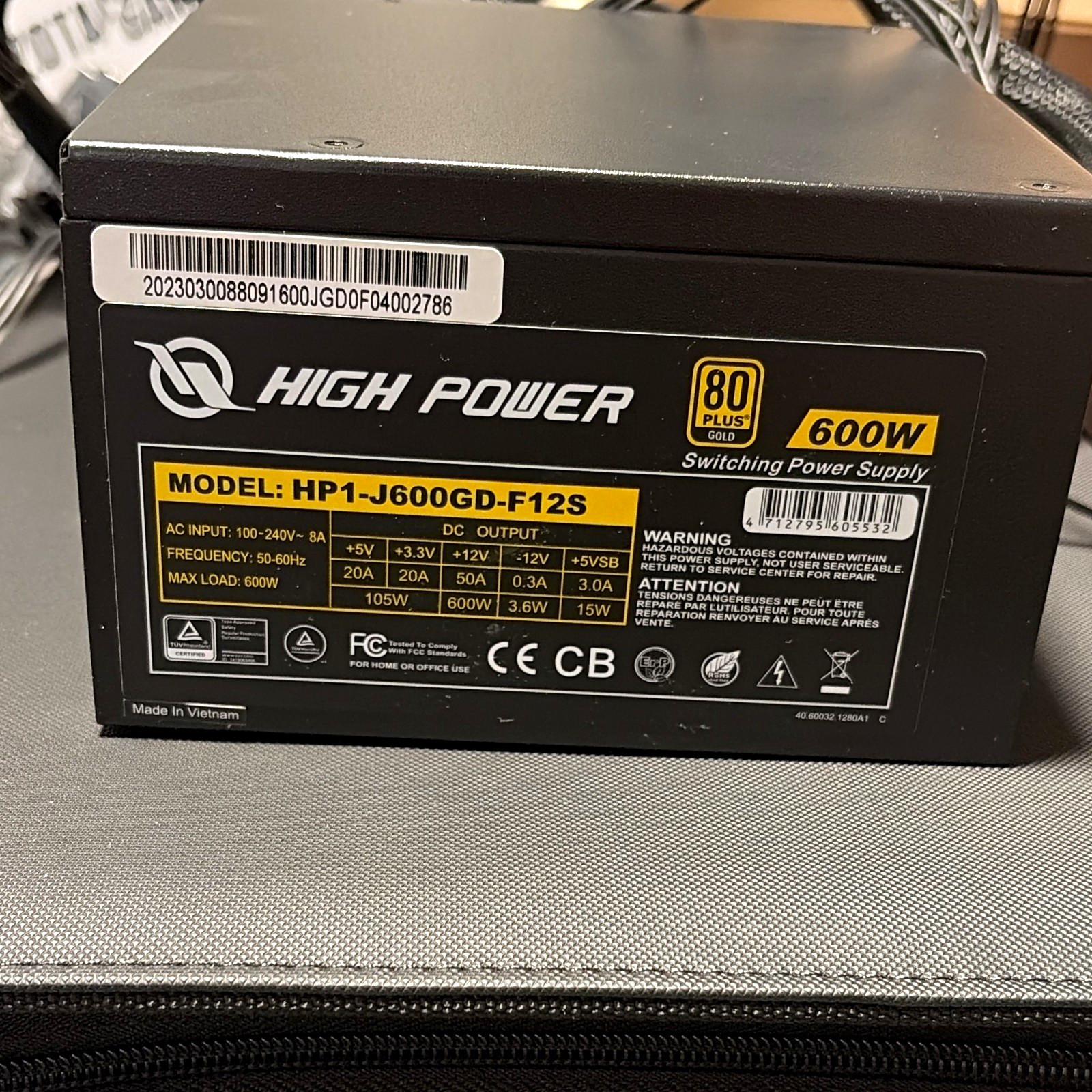 High Power 600W 80 PLUS Gold ATX PSU HP1-J600GD-F12S Black SATA PCIe