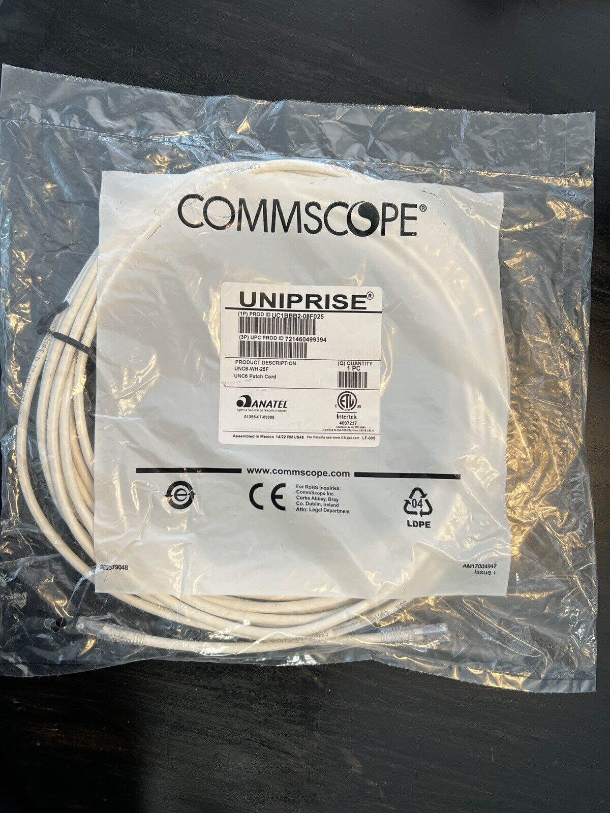 25 ft Commscope white CAT 6 ethernet patch cable. UNC6-WH-25F. UC1BBB2-08F025.