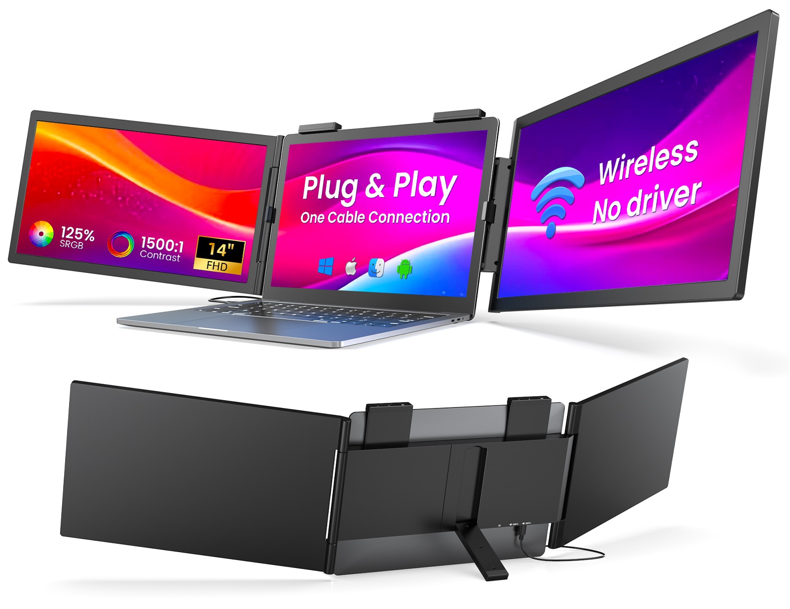 UPERFECT 14" Triple Wireless Laptop Monitor Extender 1920x1080 USB-C Monitor