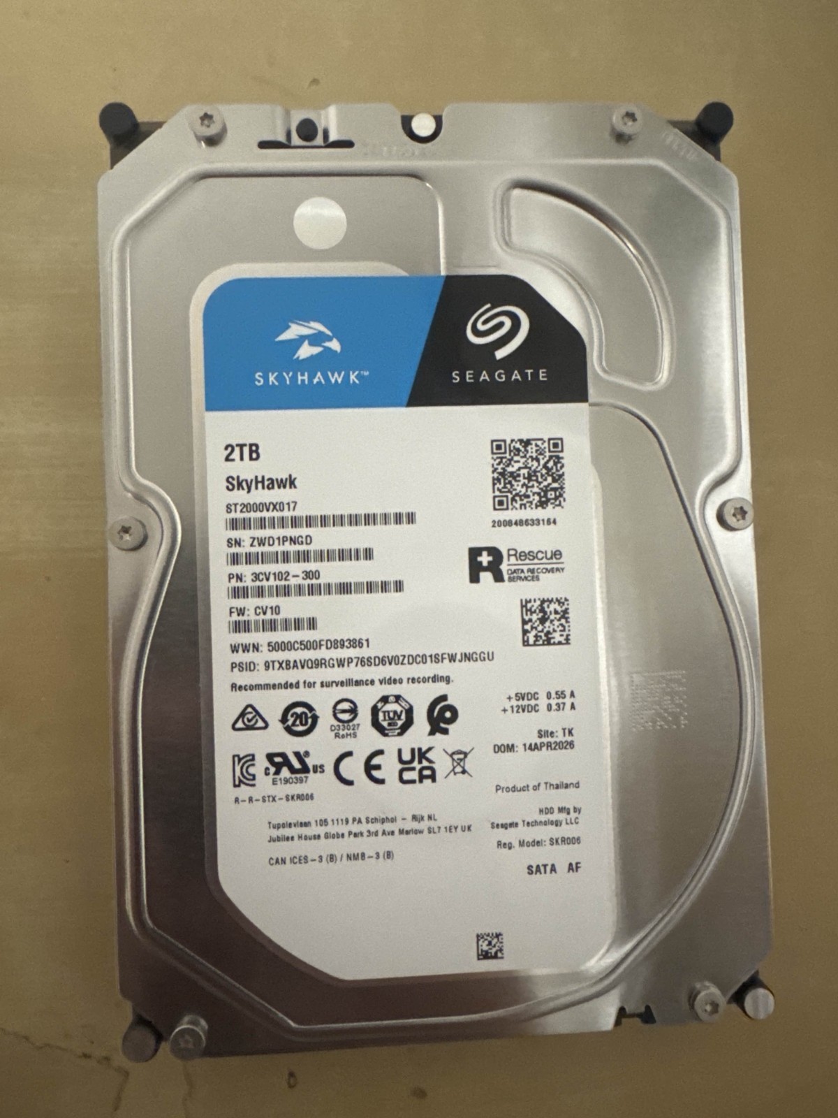 SEAGATE SkyHawk ST2000VX017 2TB 5.4K 256MB SATA III 3.5'' Internal Desktop Drive