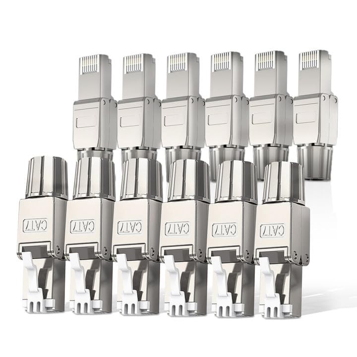Cat7 Cat6A RJ45 Connector 12-Pack, Tool-Free Alloy Shielded Ethernet Terminat...