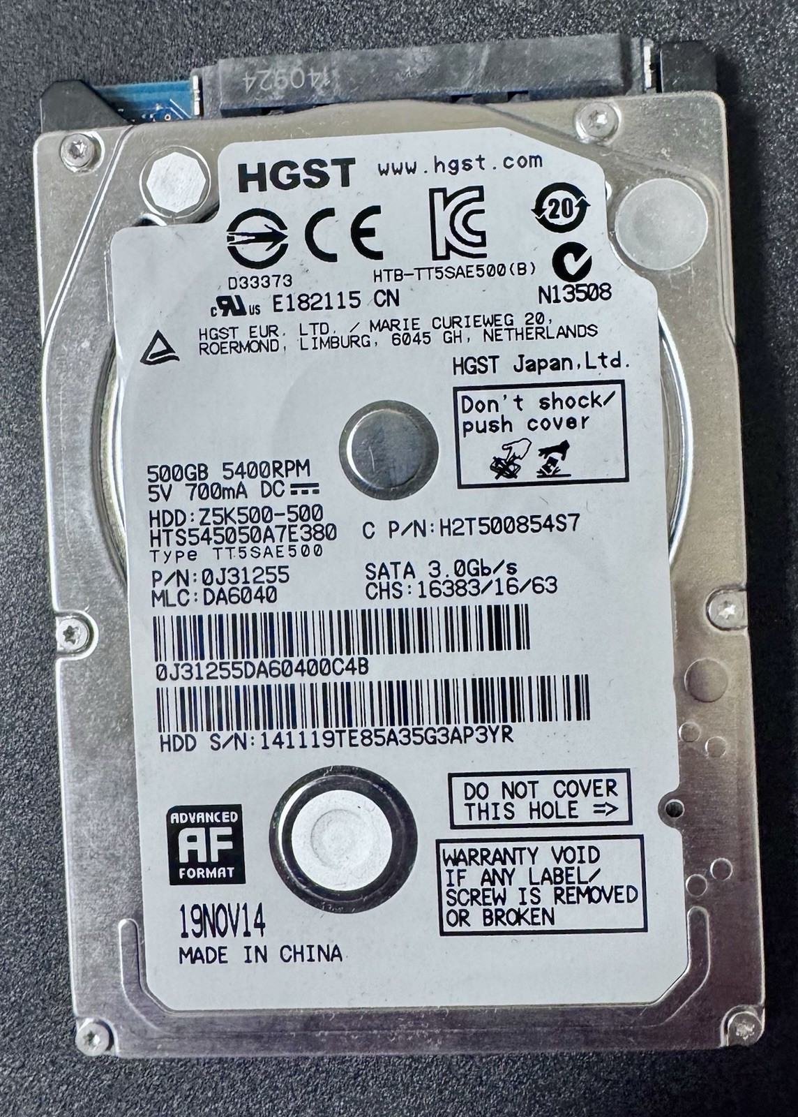 HGST Travelstar Z5K500 internal 2.5-inch hard drive (Model/HDD: HTS545050A7E380