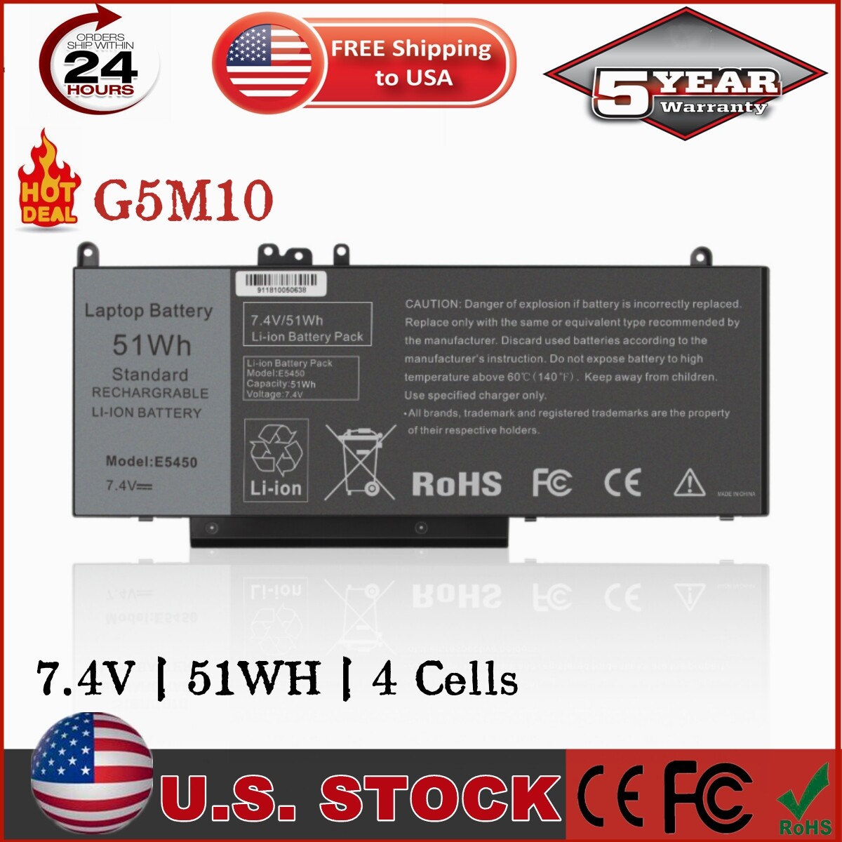 ✅LOT 50x G5M10 Battery For Dell Latitude E5450 E5550 8V5GX WYJC2 Notebook 15.6" 