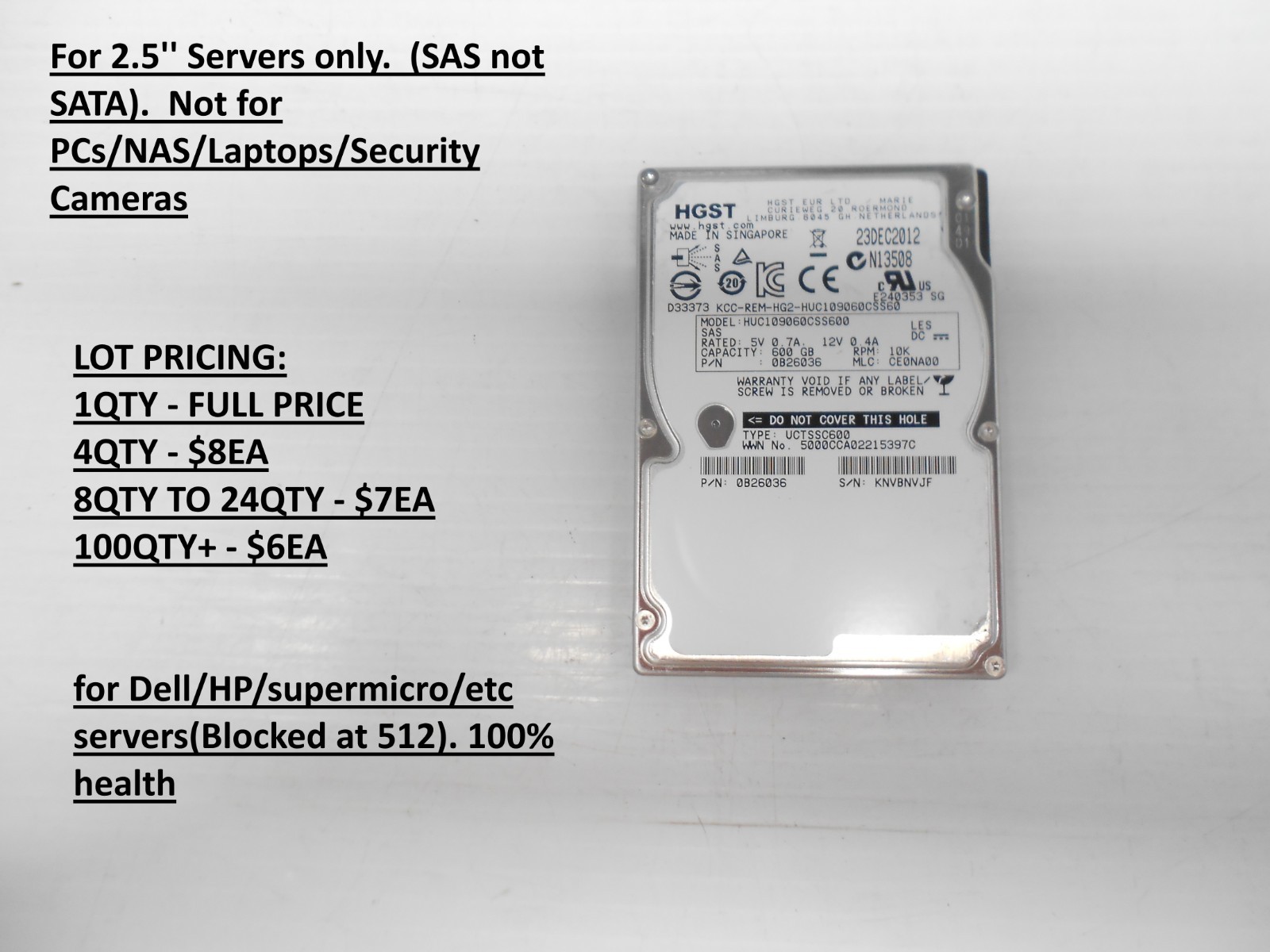 Hitachi HGST 600GB 10K SAS 2.5" 6G Hard Drive Server Dell HP HUC109060CSS600