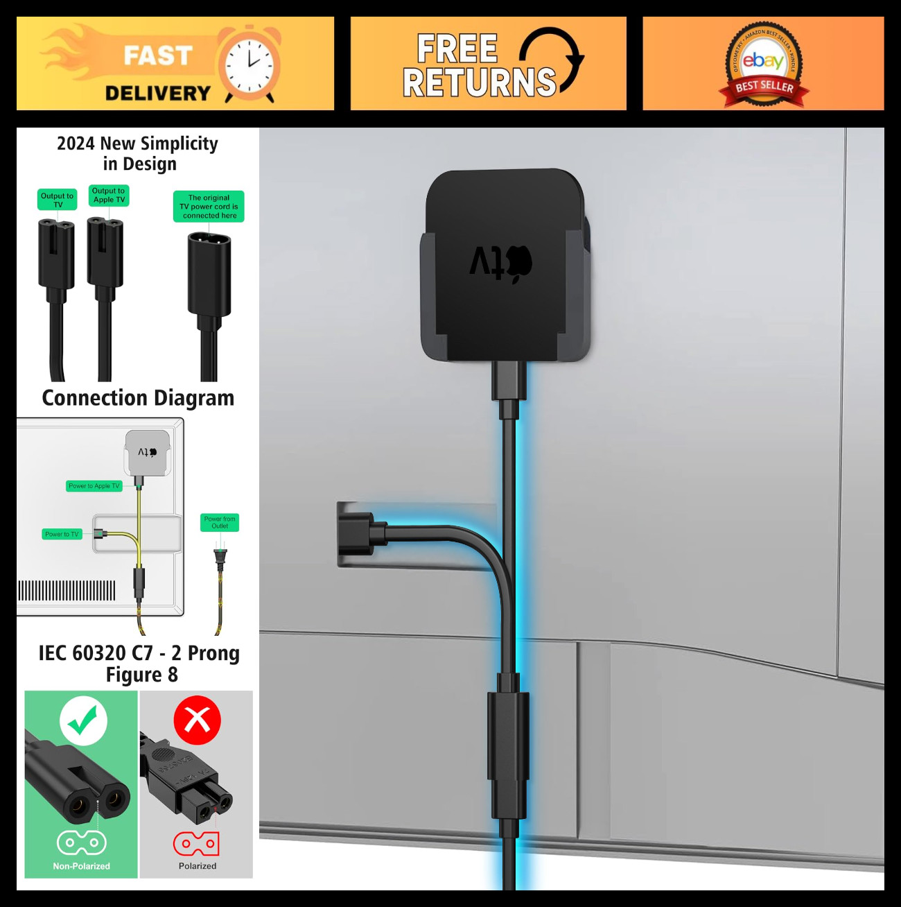 8in Y Splitter Power Cord for Apple TV 1/2/3/4, 4K Compatible, 3.3ft Cable