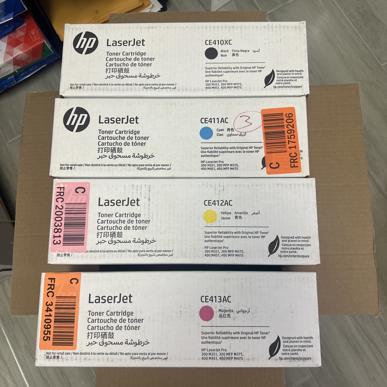 Lot of 4 HP LaserJet Print Cartridge CE410XC CE411AC CE412AC CE413AC-New Sealed