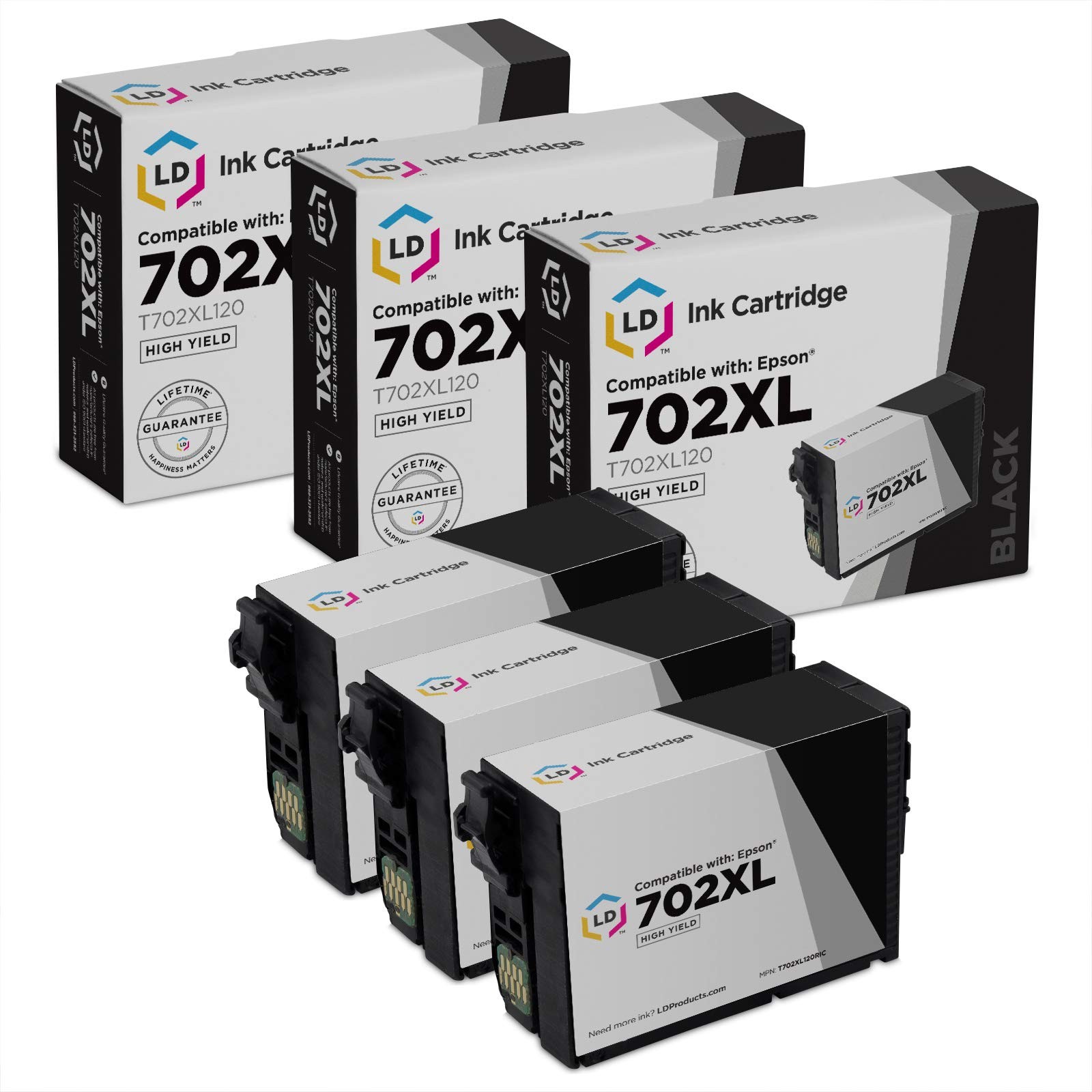 LD Reman Epson 702XL T702XL120 High Yield Black Ink Cartridges 3-Pack