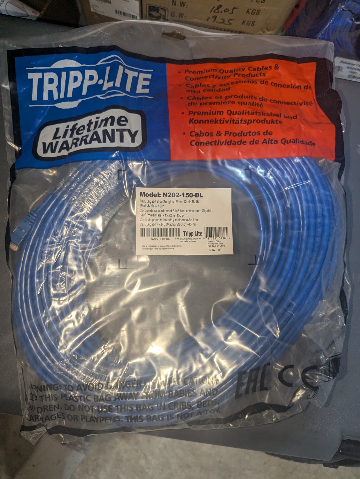 Tripp Lite Cat6 Gig Solid  Snagless UTP Ethernet Cable (RJ45 M/M),Blue, 150 ft.