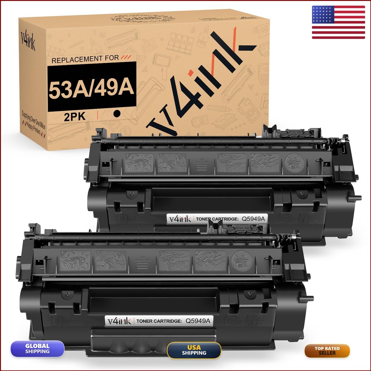 v4ink Compatible 49A 53A Toner Cartridge for HP Q5949A Q7553A (Black, 2 Packs)