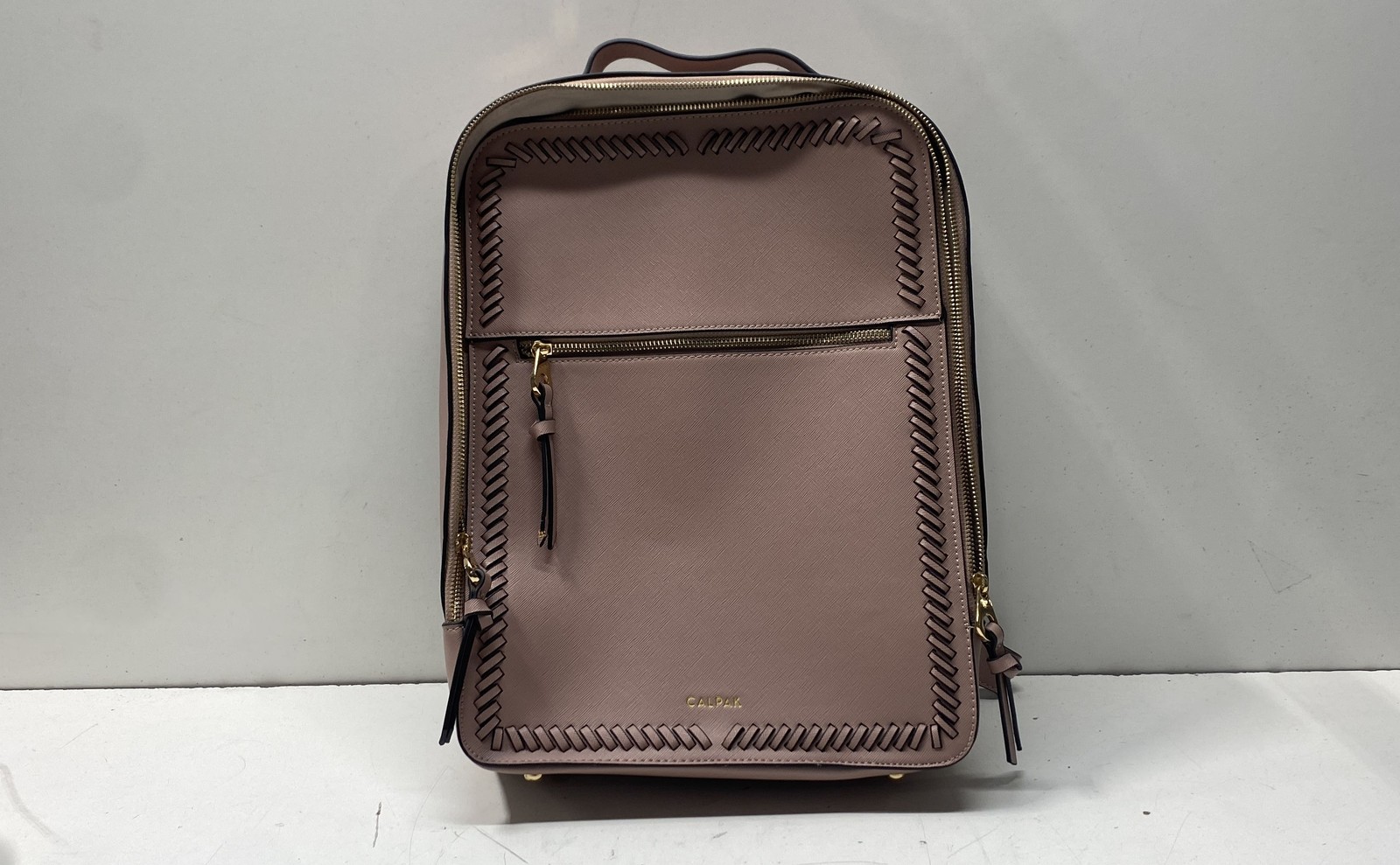 CALPAK Kaya Mauve Pink Saffiano Faux Leather Laptop Backpack Gold Hardware