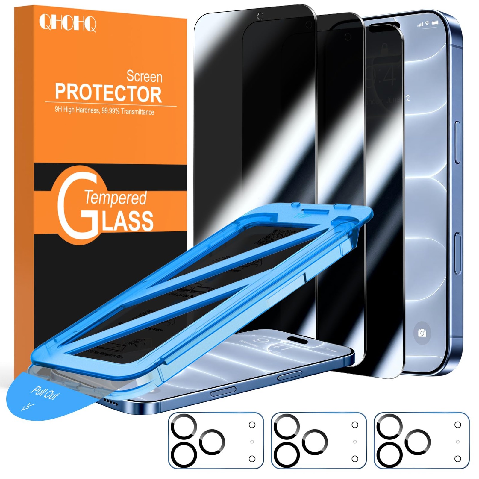 QHOHQ for iPhone 18 Pro Privacy Screen Protector, 9H+ Tempered Glass, 3+3P