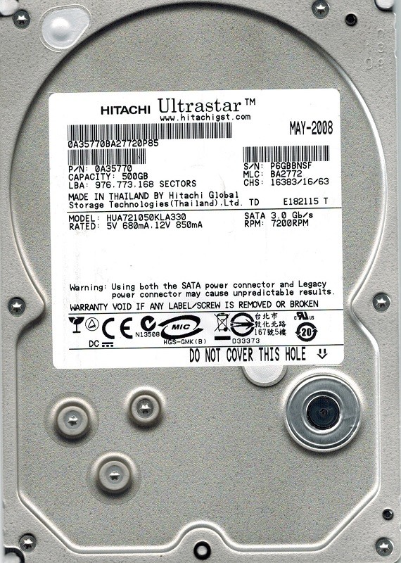 Hitachi HUA721050KLA330 P/N: 0A35770 MLC: BA2772 500GB